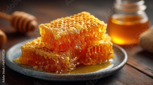 Fresh honeycomb pieces glisten in natural light, showcasing their golden color and rich texture on a rustic wooden table