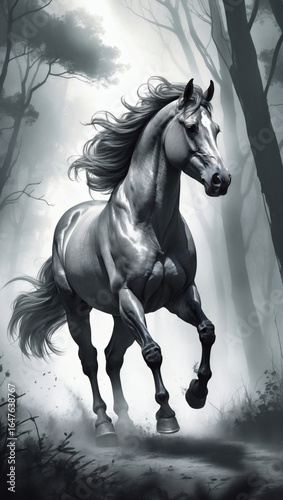 Majestic horse drawing in pencil sketch, galloping through a misty forest