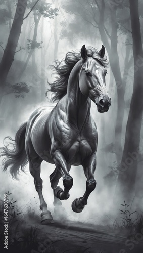 Dynamic pencil sketch of a galloping horse in a foggy forest