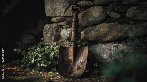 Rusty garden shovel resting against an old stone wall in a shaded area