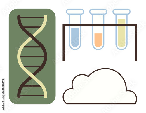 DNA strand, three test tubes with colored liquids, and cloud symbolizing genetics, research, data storage, and scientific innovation. Ideal for medicine, education, technology biotech cloud