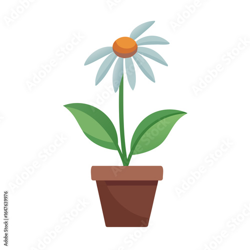Stylized vector image of a potted daisy on a solid black background