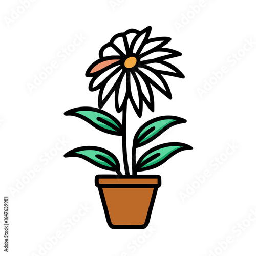 Potted plant with leaves in flat style against a black background