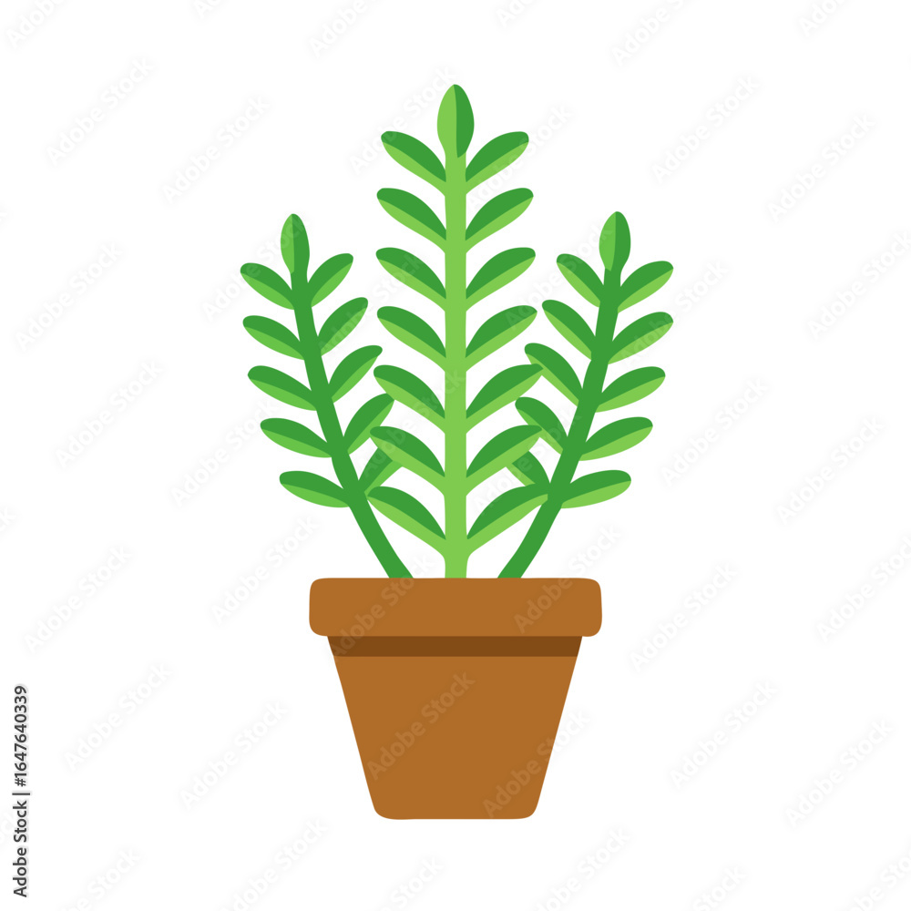 Fototapeta premium Minimalist potted plant illustration with green foliage and brown pot, isolated on black