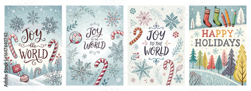 Colorful holiday-themed illustrations featuring festive elements like candy canes and snowflakes.
