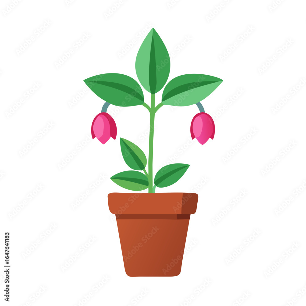 Obraz premium Stylized Potted Plant with Pink Flowers, Flat Design on Black Background
