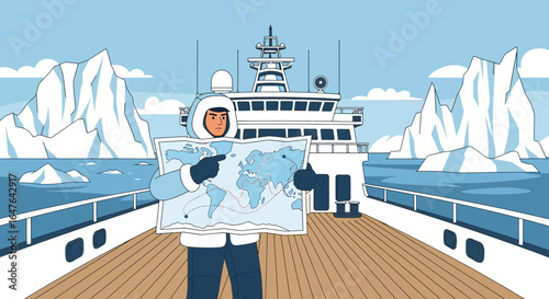 Arctic Expedition Planning Route On Deck Of Cruise Ship Adventure