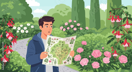 Botanical Garden Exploration Featuring Man Reading a Map