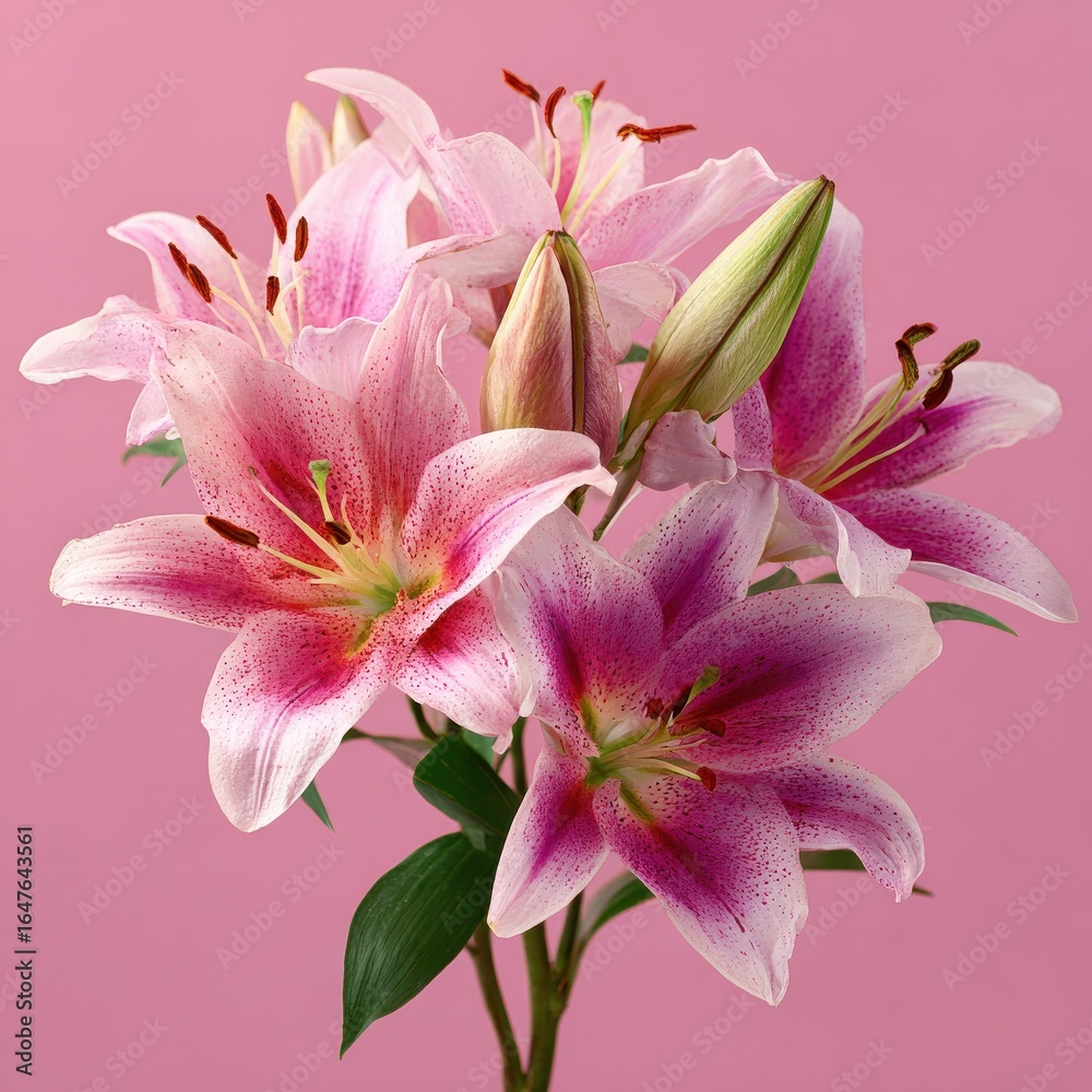 Fototapeta premium beautiful lily flowers bouquet on a pink background lillies pink lilies closeup big bunch of fresh fragrant lilies purple background 