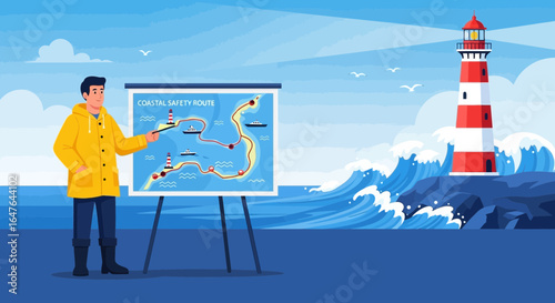 Coastal Safety Presentation With Lighthouse And Safe Shipping Route