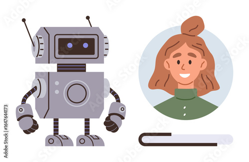 Friendly gray robot with antennas alongside a smiling woman icon and loading progress bar. Ideal for AI interaction, technology, robotics, communication, user interface, future concepts, simple flat