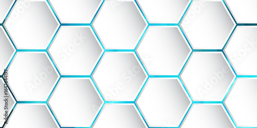 White 3d hexagonal technology vector abstract background. Blue bright energy flashes under hexagon in modern technology futuristic background vector illustration. White honeycomb texture grid.