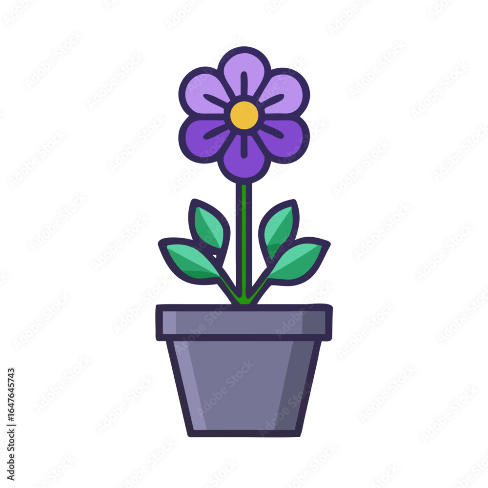 Naklejka premium Stylized potted flower illustration with purple petals against a dark background