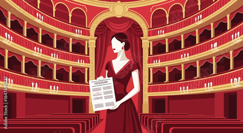 Elegant Woman Holding Program In A Classical Theater Illustration