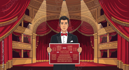 Elegant Theatre Usher Holding Seating Chart During Show Presentation
