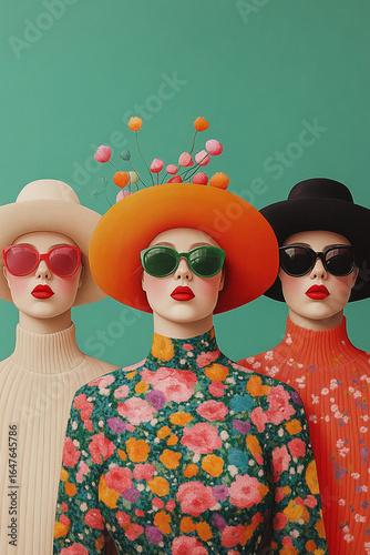 Three fashion models wearing colorful hats and sunglasses