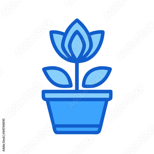 Blue flower in pot, a simple and stylized illustration on a black background