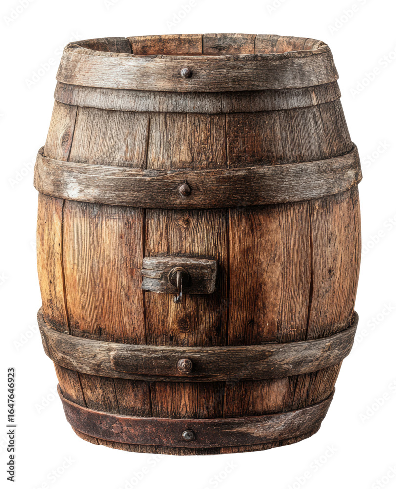 Fototapeta premium Rustic wooden barrel display vintage workshop product isolated on transparent background