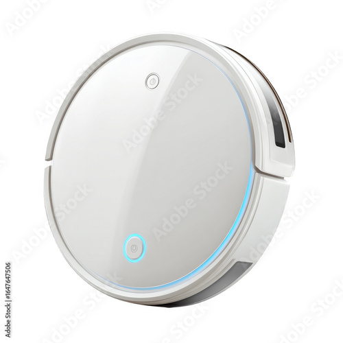 A white robot vacuum cleaner with a blue light on the front