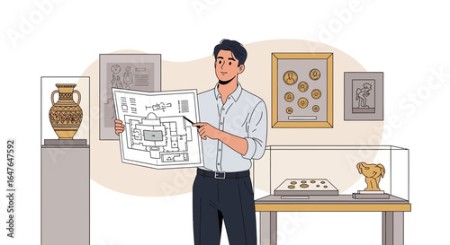 Guide Explaining Museum Layout Near Ancient Artifacts And Cultural Exhibit