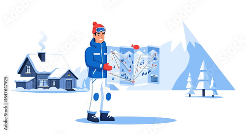 Happy Skier Consults Ski Map During A Mountain Winter Vacation