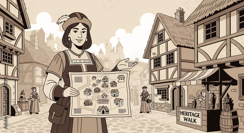 Historic Town Heritage Walk With Guiding Costumed Woman Illustration