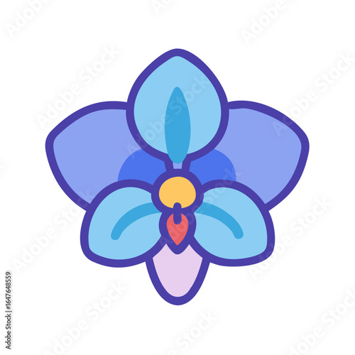 Stylized blue orchid flower icon centered on a black background, clean and elegant