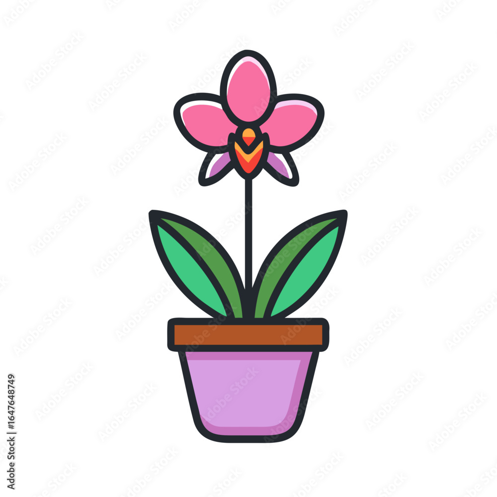 Obraz premium Vector illustration of potted orchid flower with pink petals and green leaves