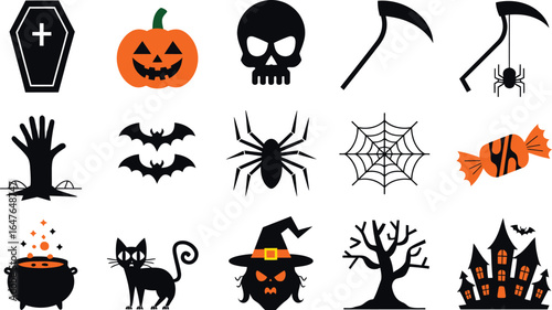 Halloween Spooky Icons Set with Haunted House, Pumpkin, Skull, Spider, Witch, and Scythe Clipart Vector Collection for Party Invitations and Decorations