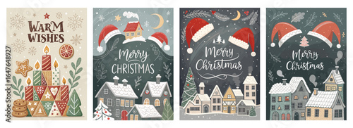 A festive collection of Christmas-themed illustrations featuring cozy homes, snow, and warm wishes.