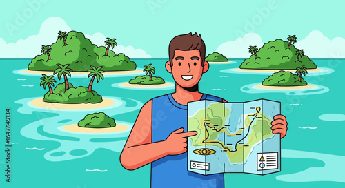 Man Planning Adventure on Tropical Islands with Map Illustration