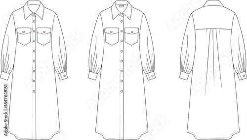cad drawing flat vector illustration, shirt dress technical sketch, front back view, fashion design template, garment construction layout