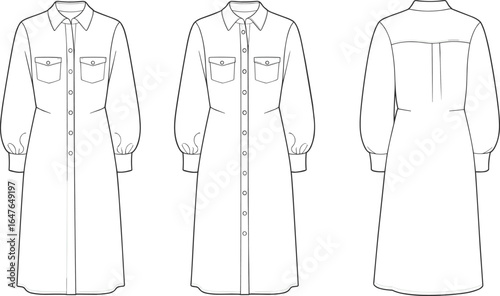 Cad drawing flat vector illustration, technical fashion sketch, dress front back side view, button down shirt dress design template**