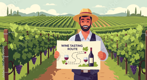 Man With Wine Tasting Route Sign In Picturesque Vineyard Scenery