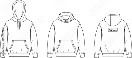 Hoodie front and back technical sketch, zipper and pullover styles, kangaroo pocket, branding label, vector CAD drawing, fashion template