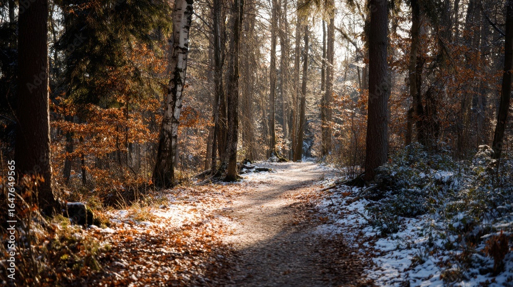 Fototapeta premium Serene Autumn Pathway through a Sunlit Forest with Falling Leaves