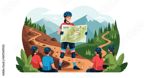 Mountain Biking Team Planning Route with Map on Scenic Forest Trail