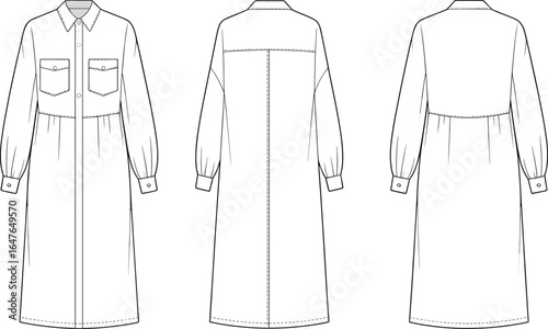 Long sleeve shirt dress technical drawing, front back side view, flat sketch, fashion CAD, vector template, garment design illustration