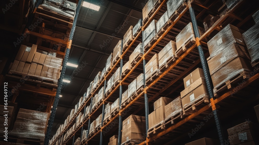 Obraz premium High Angle View of Warehouse Interior with Stacked Cardboard Boxes on Orange Metal Shelving Units