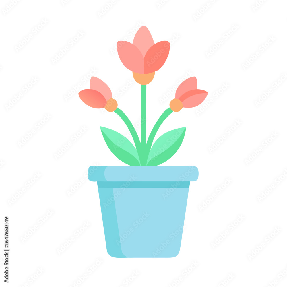 Stylized potted plant with pink flowers against a black background, simple vector Stylized potted plant with pink flowers against a black background, simple vector