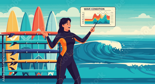 Surfing Instructor Explaining Ocean Wave Conditions with Surfboards