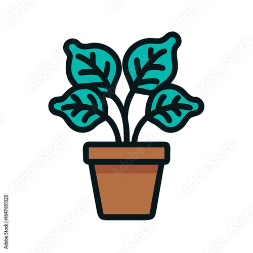 Minimalist illustration of a potted plant with teal leaves against a black background