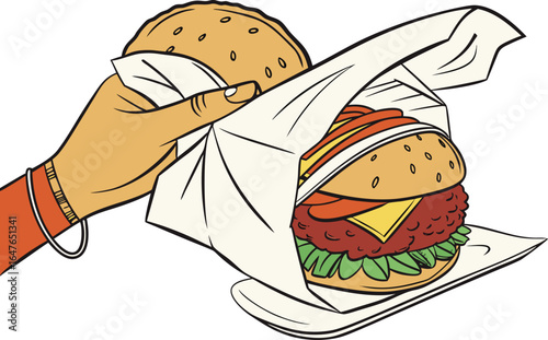 Realistic Vada Pav Street Food Illustration. Lifelike Vada Pav Indian Snack Artwork. Detailed Vada Pav Burger Illustration for Food Design. Realistic Vada Pav Traditional Snack Artwork