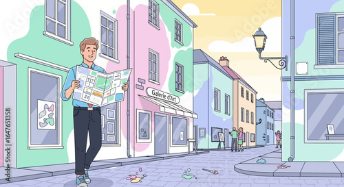 Tourist Exploring Artistic City With Map And Colorful Buildings