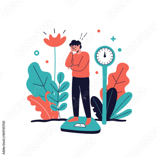 Person feeling stressed while standing on weighing scale surrounded by plants