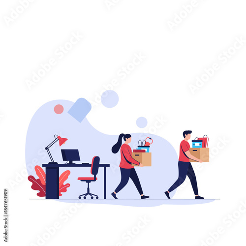 Employees leaving the office carrying boxes of personal belongings after layoff or resignation