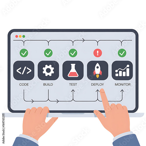 DevOps pipeline on tablet with hands pressing deploy, code build test monitor, flat illustration