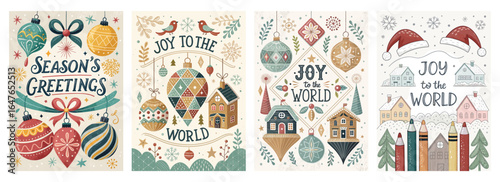 Colorful holiday-themed illustrations featuring ornaments and festive messages in a whimsical style.