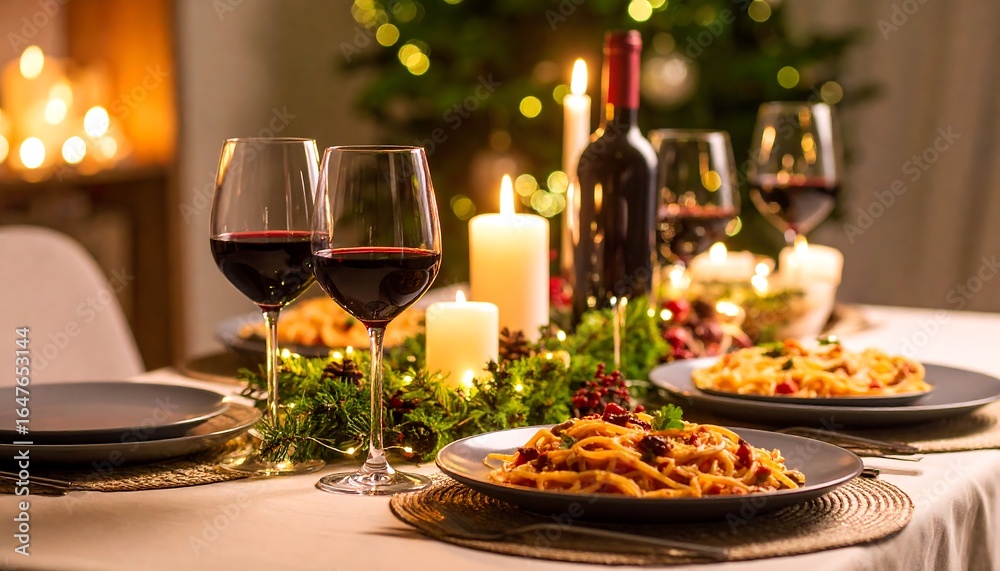 Fototapeta premium Elegant Christmas dinner table setting with pasta, wine, and festive decor