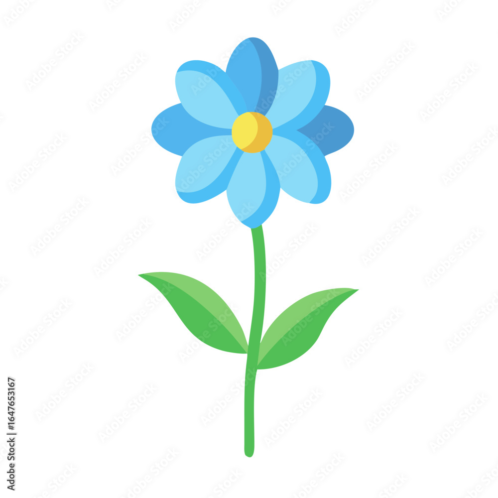Fototapeta premium Cheerful blue daisy with yellow center and green stem on black background